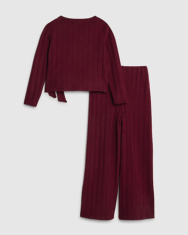 Girls Red Cosy Ribbed Wide Leg Trousers Set