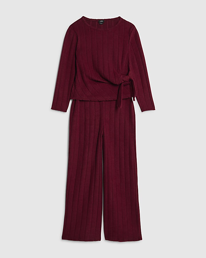 Girls Red Cosy Ribbed Wide Leg Trousers Set