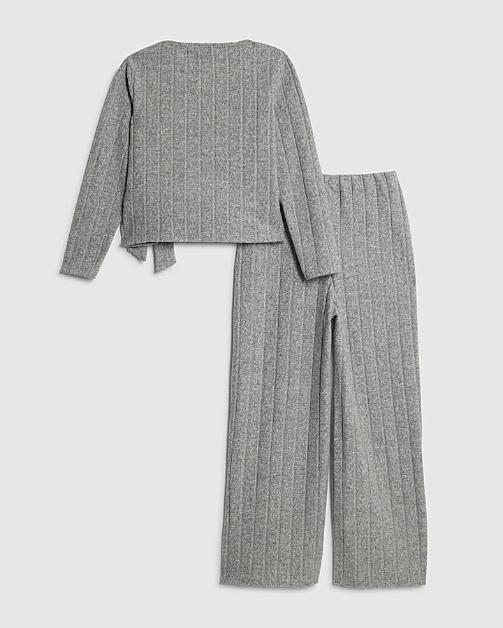 Girls Grey Cosy Ribbed Wide Leg Trousers Set