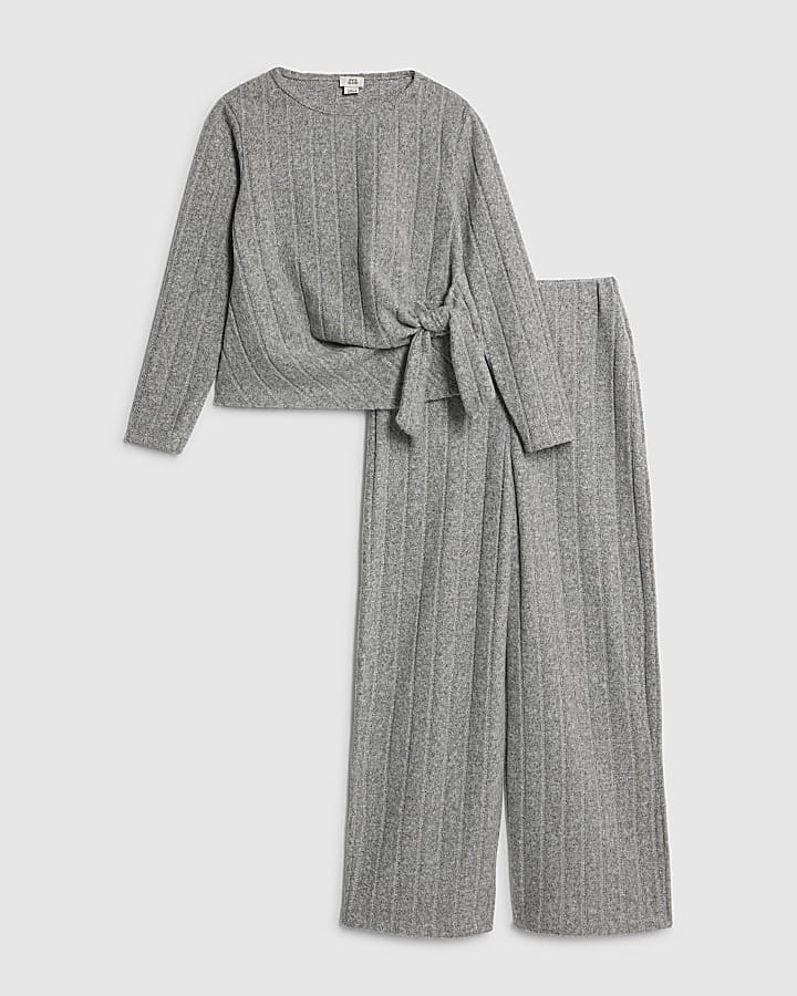 Girls Grey Cosy Ribbed Wide Leg Trousers Set