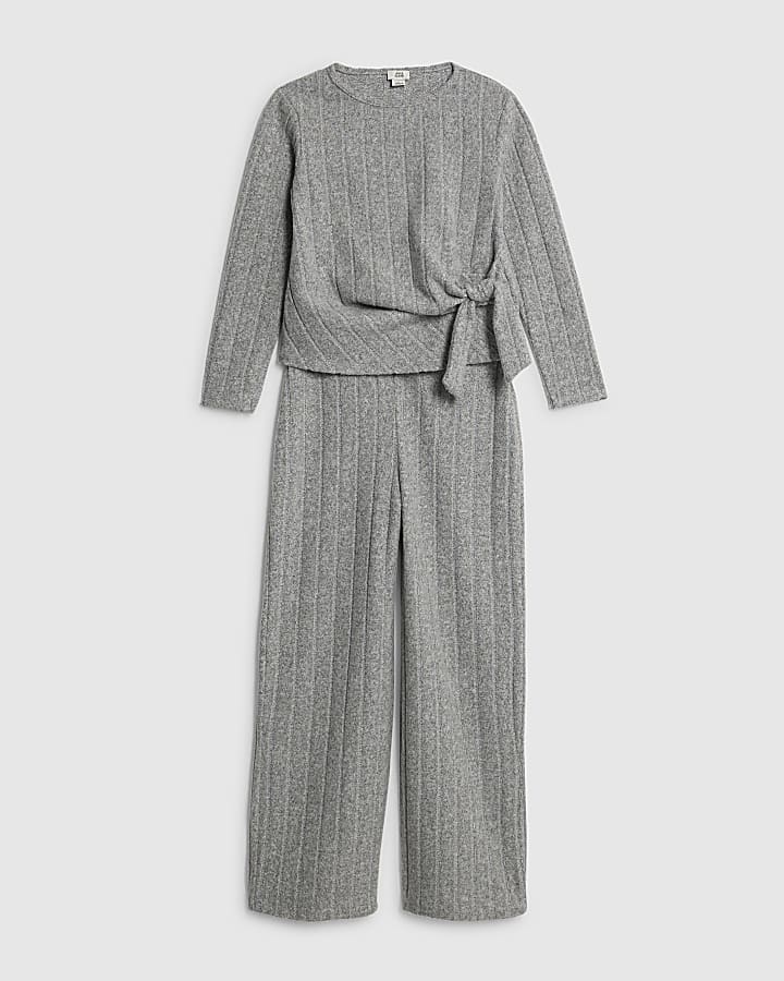 Girls Grey Cosy Ribbed Wide Leg Trousers Set