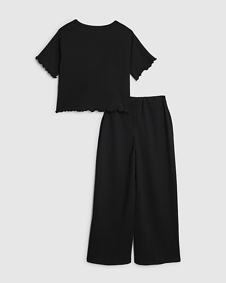 Girls Black Textured Wide Leg Trousers Set