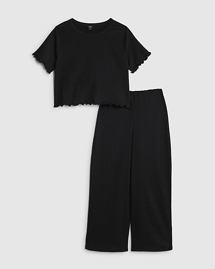 Girls Black Textured Wide Leg Trousers Set