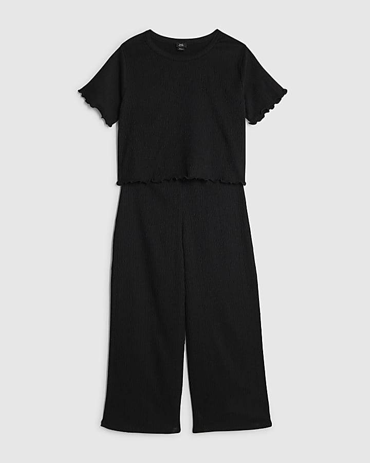 Girls Black Textured Wide Leg Trousers Set