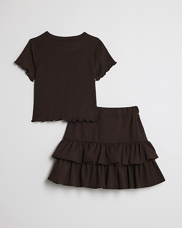 Girls Brown Textured Rara Skirt Set