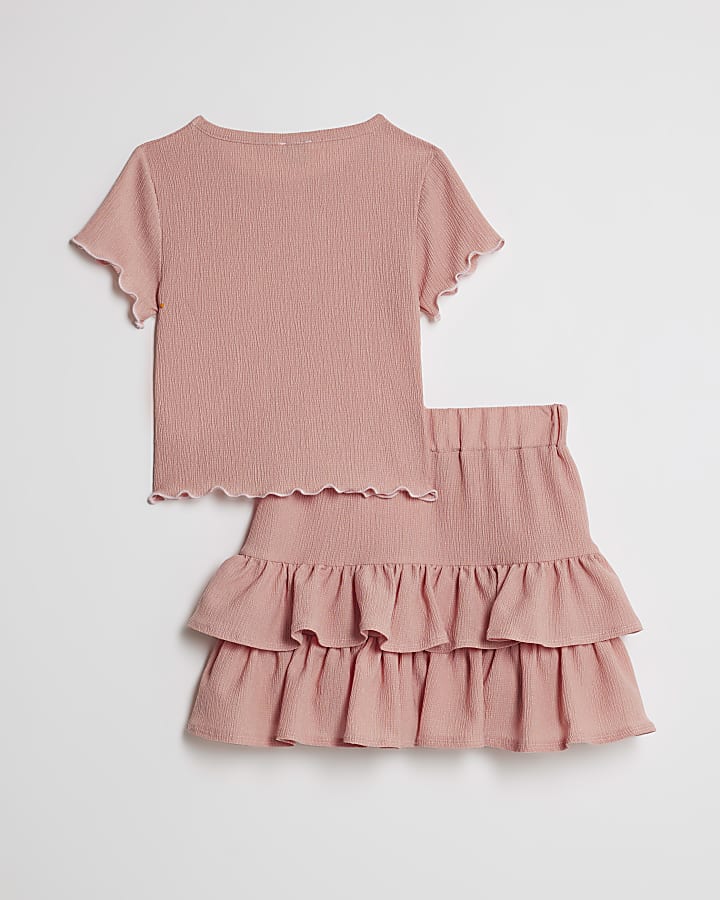Girls Pink Textured Rara Skirt Set