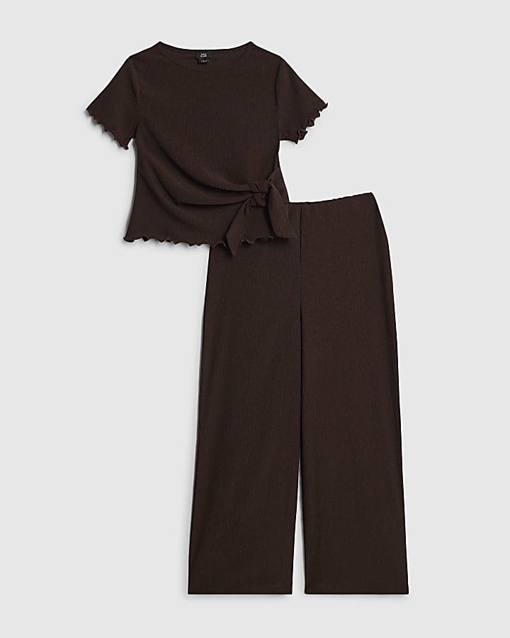 Girls Brown Textured Knot T-Shirt Set