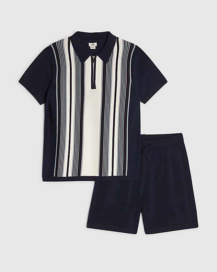 Boys Navy Stripe Polo Shirt Set