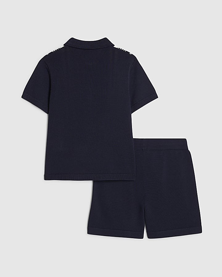 Mini Boys Navy Stripe Polo Shirt Set