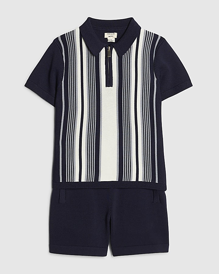Mini Boys Navy Stripe Polo Shirt Set