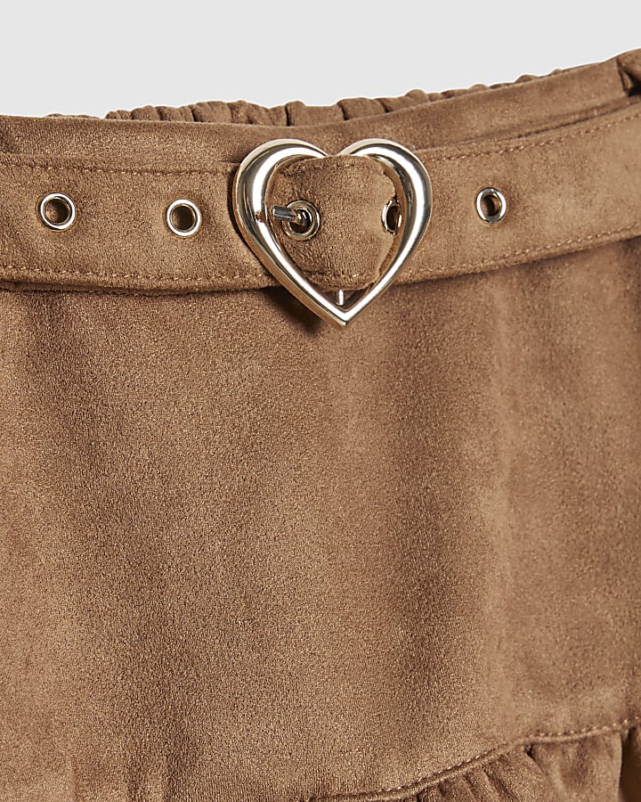 Girls Brown Faux Suede Belted Skirt