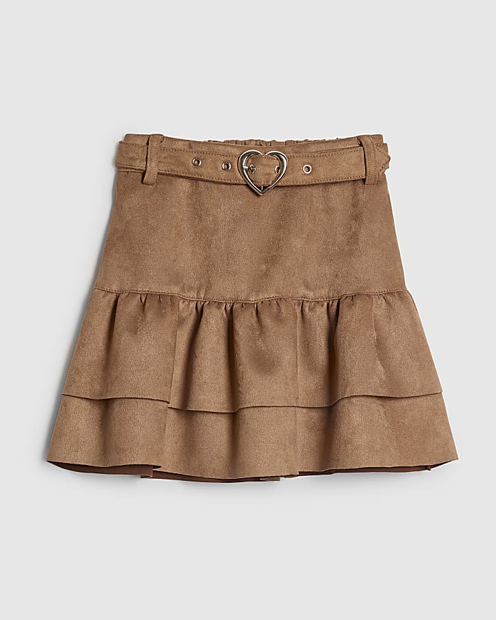 Girls Brown Faux Suede Belted Skirt