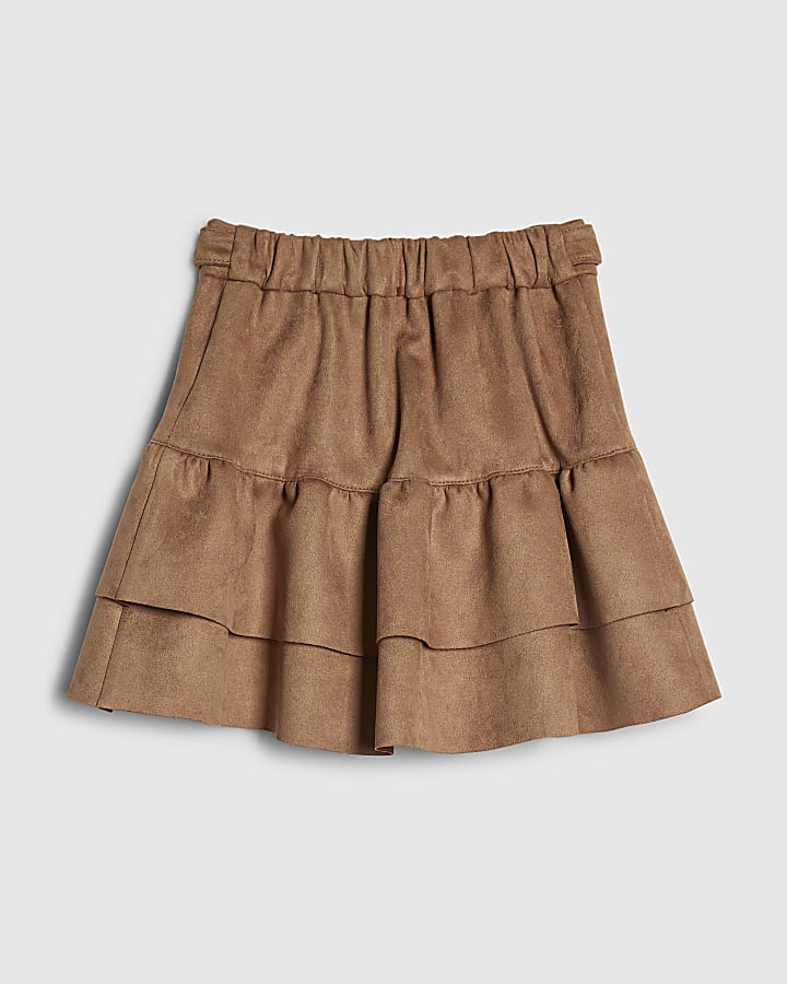 Girls Brown Faux Suede Belted Skirt
