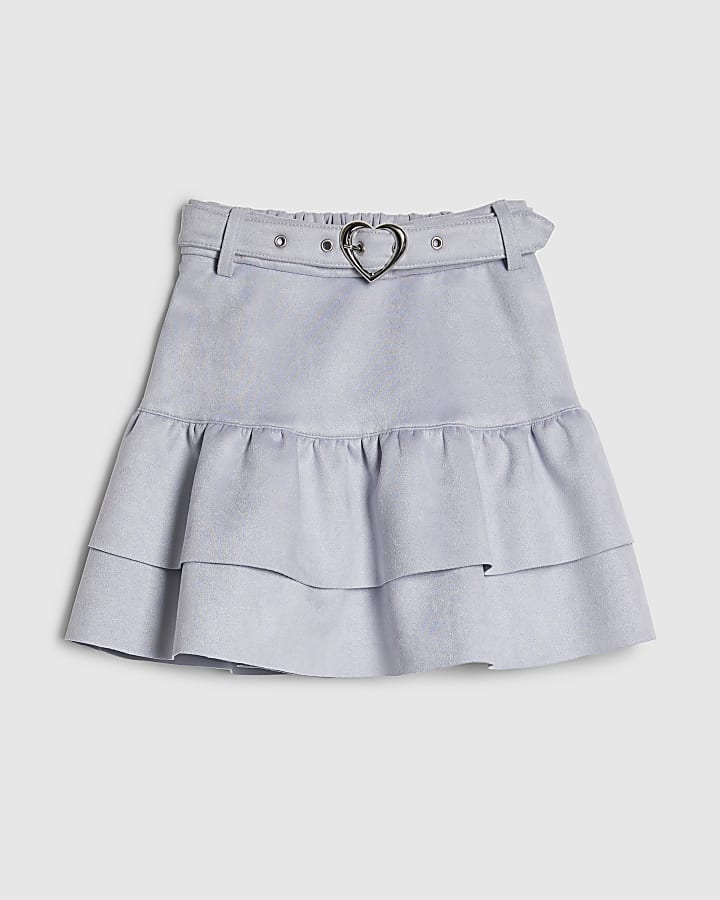 Girls Blue Faux Suede Belted Skirt