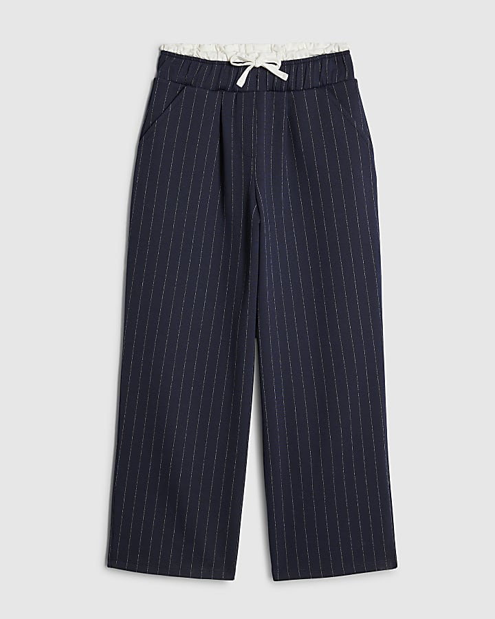 Girls Navy Pinstripe Wide Leg Trousers