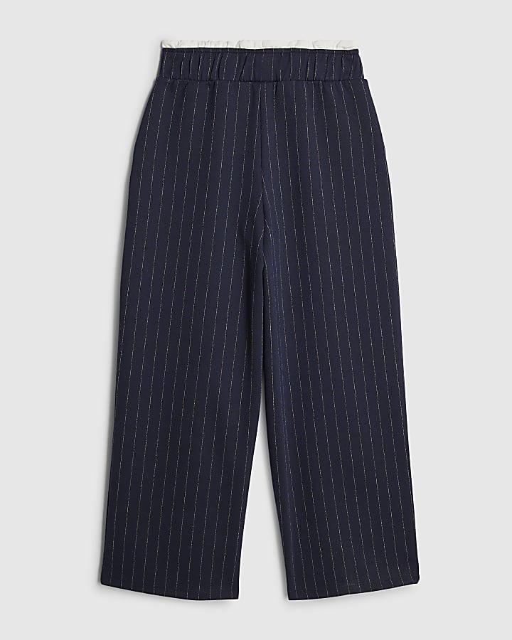 Girls Navy Pinstripe Wide Leg Trousers