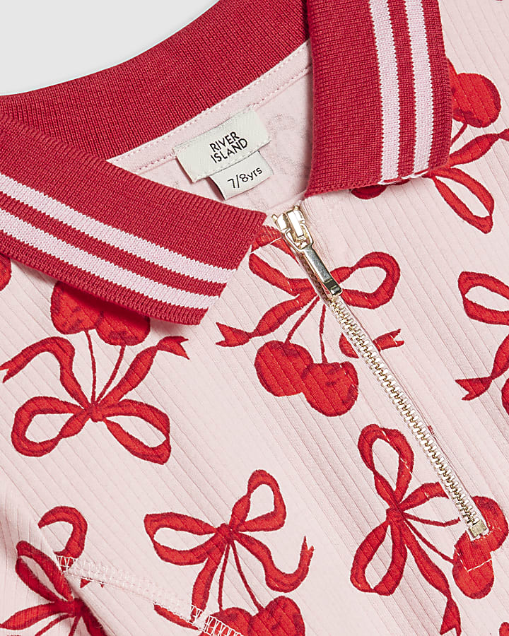 Girls Pink Cherry Print Flared Dress