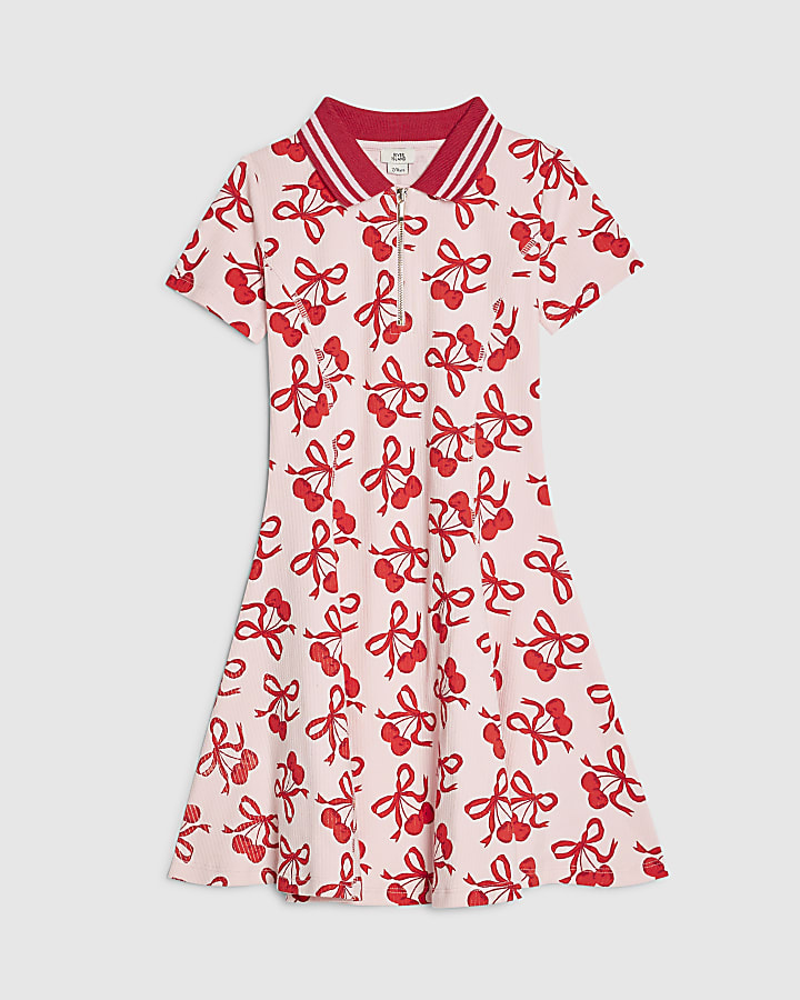 Girls Pink Cherry Print Flared Dress