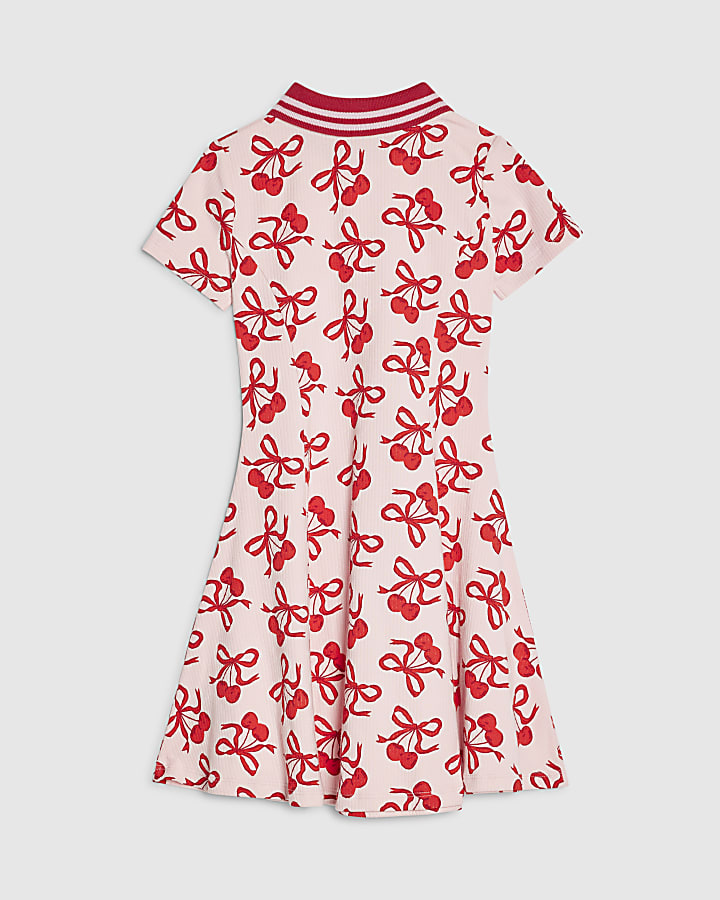 Girls Pink Cherry Print Flared Dress