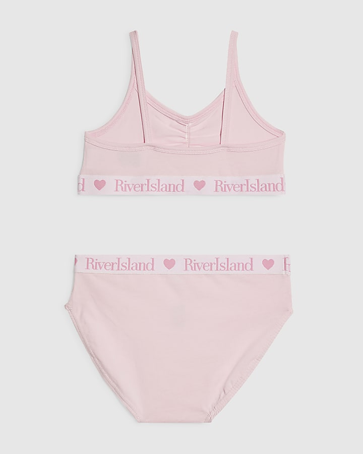 Girls Pink Ruched Crop Top And Brief Set