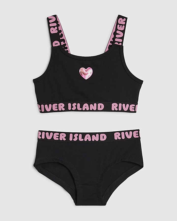 Girls Black Strappy Crop Top And Brief Set