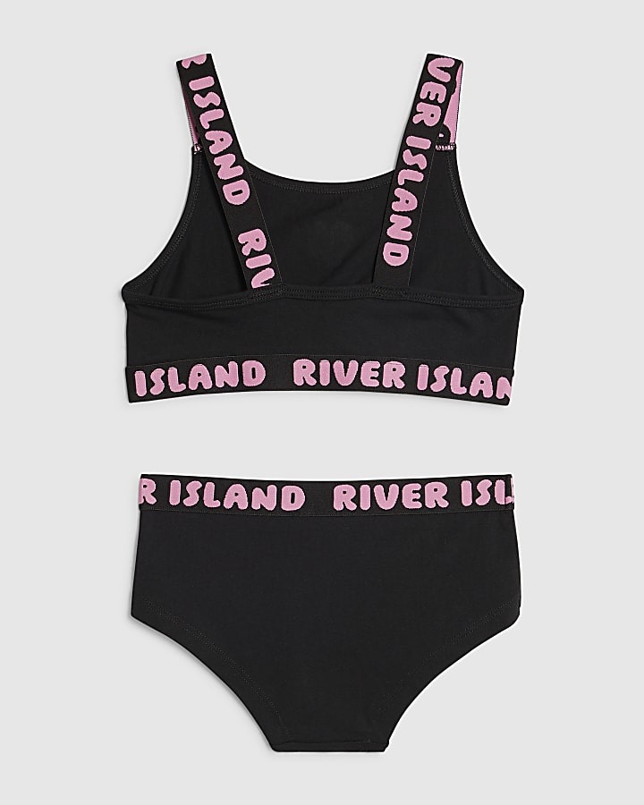 Girls Black Strappy Crop Top And Brief Set