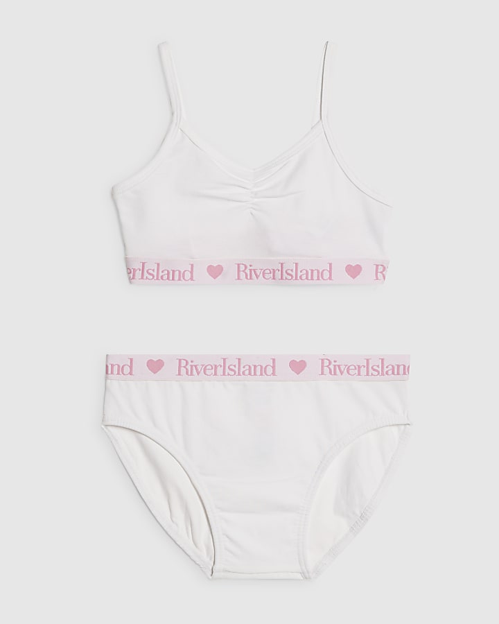 Girls White Ruched Crop Top And Brief Set