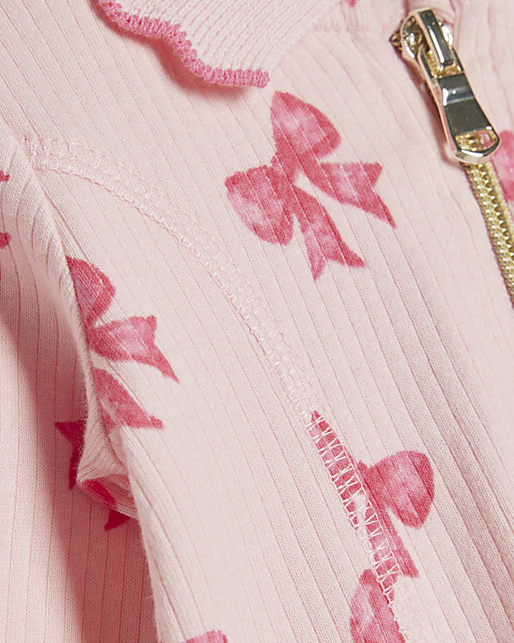 Baby Girls Pink Bow Print Ribbed Dress