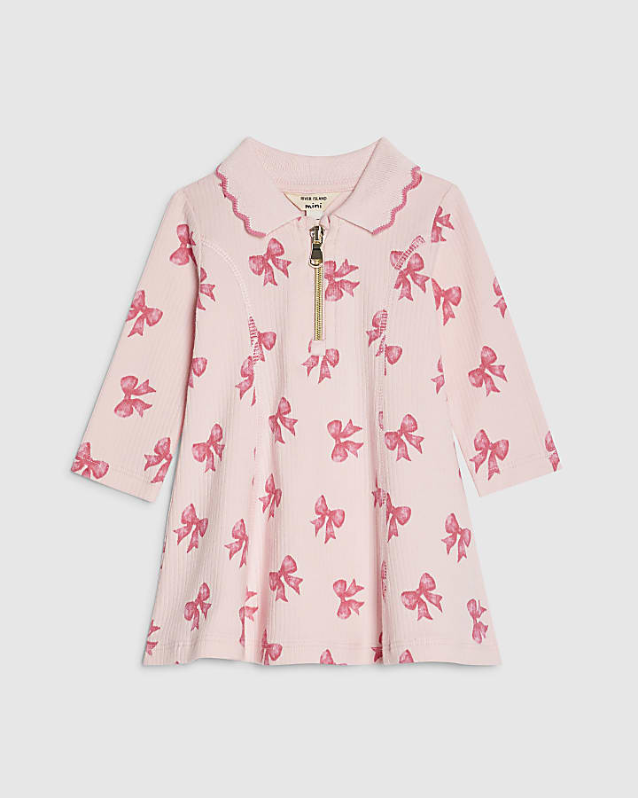 Baby Girls Pink Bow Print Ribbed Dress