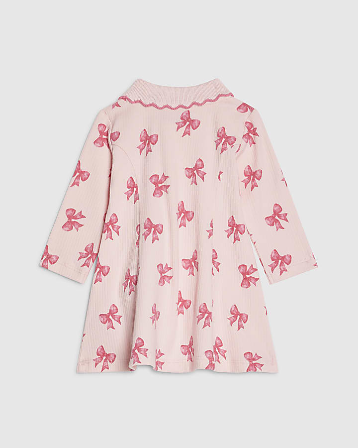 Baby Girls Pink Bow Print Ribbed Dress