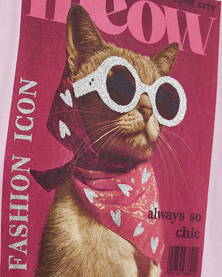Girls Pink Meow Cat Boyfriend T-Shirt