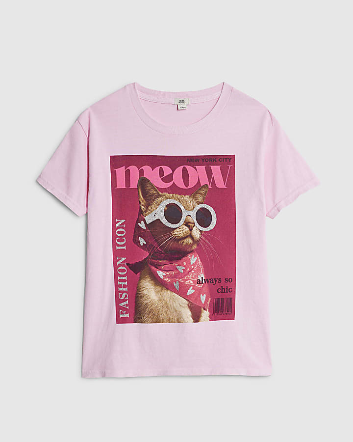 Girls Pink Meow Cat Boyfriend T-Shirt