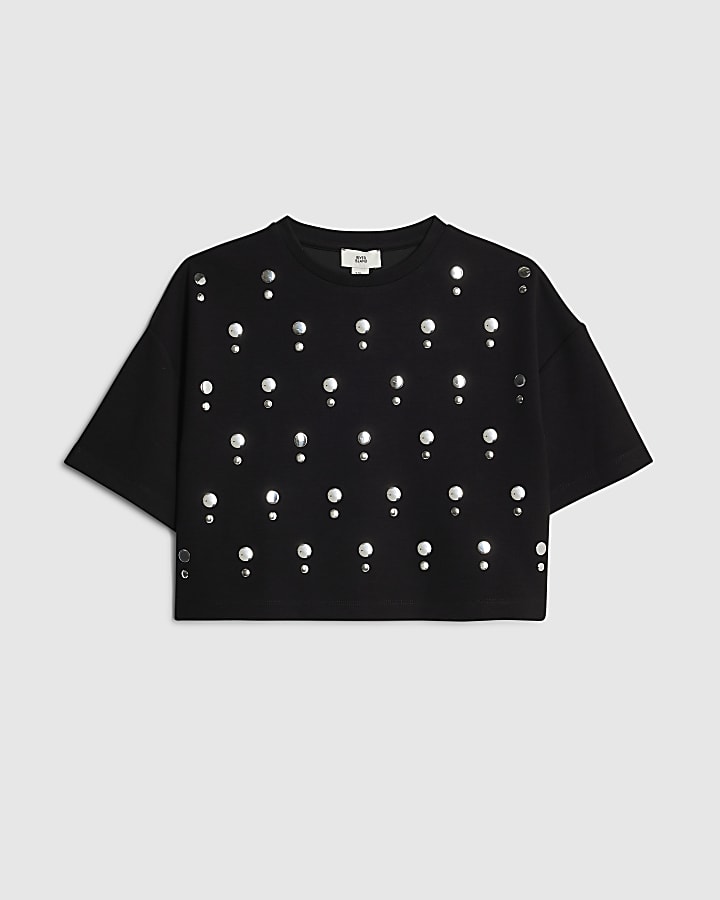 Girls Black Studded T-Shirt