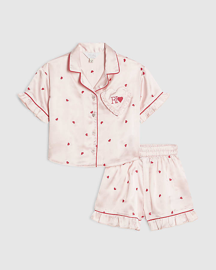 Mini Girls Pink Heart Satin Pyjamas