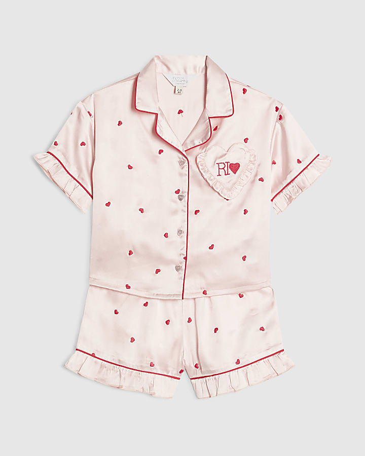 Mini Girls Pink Heart Satin Pyjamas