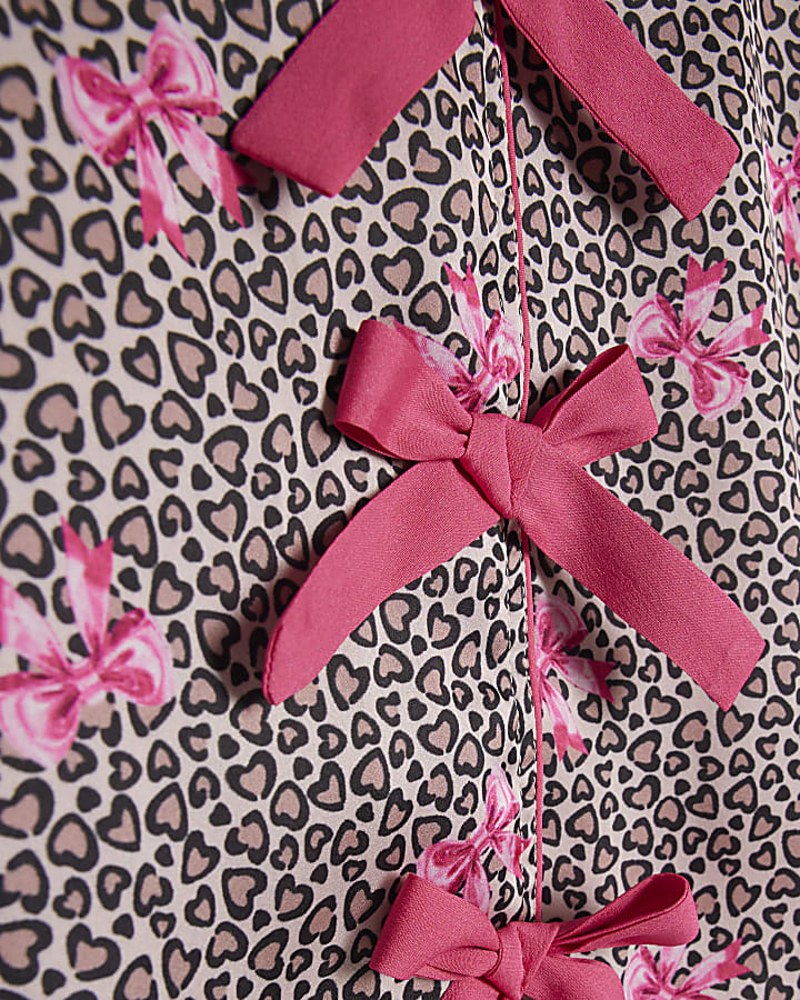 Girls Brown Leopard Bow Print Satin Pyjamas
