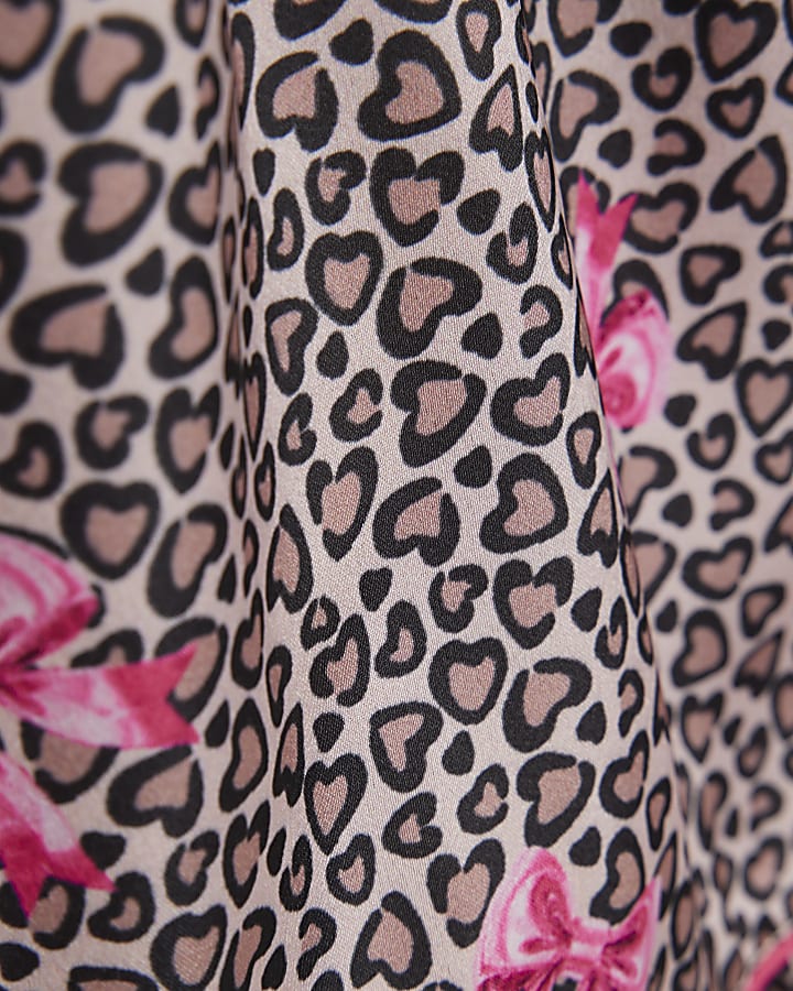 Girls Brown Leopard Bow Print Satin Pyjamas