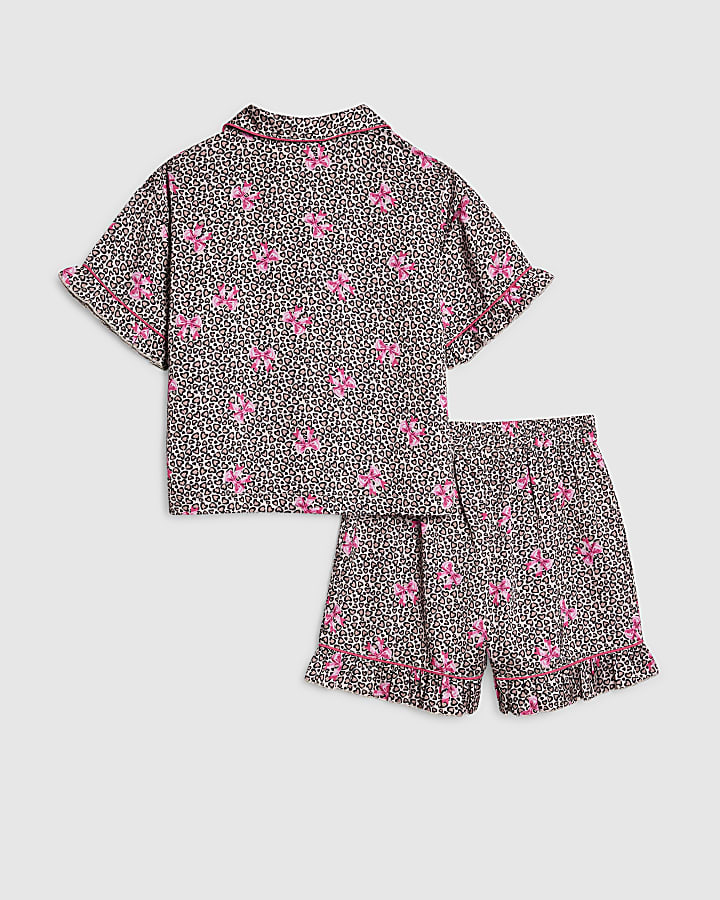 Girls Brown Leopard Bow Print Satin Pyjamas