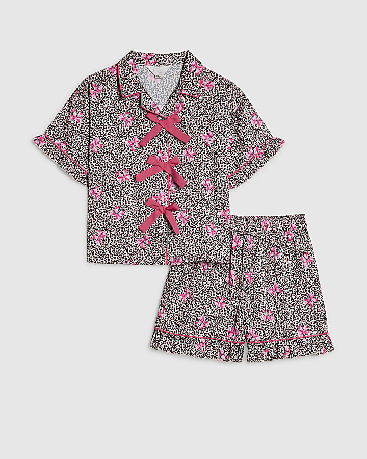 Girls Brown Leopard Bow Print Satin Pyjamas