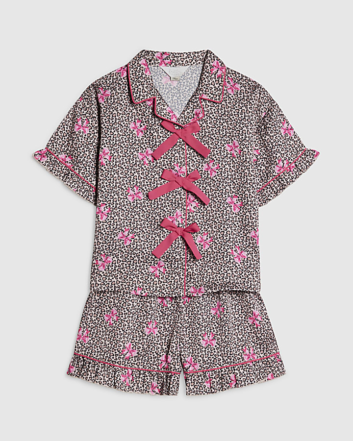 Girls Brown Leopard Bow Print Satin Pyjamas