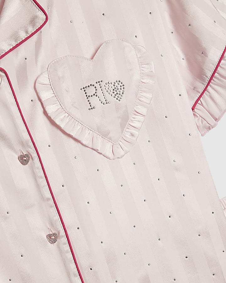 Girls Pink Hotfix Satin Pyjamas Set