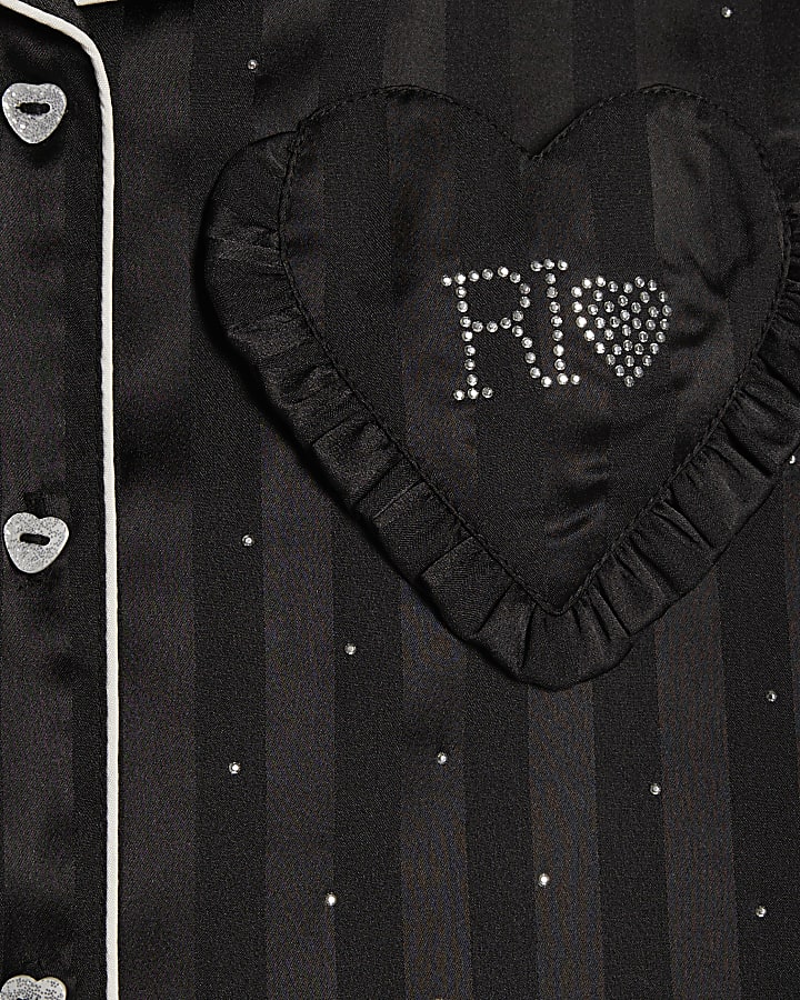 Girls Black Embellished Satin Pyjamas