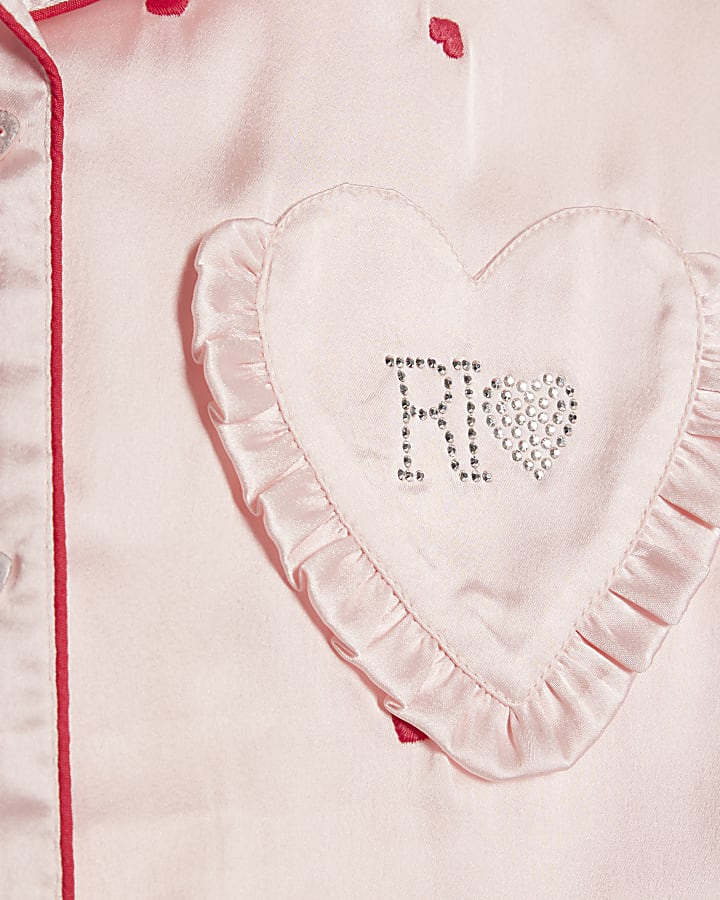 Girls Pink Heart Embroidered Satin Pyjamas