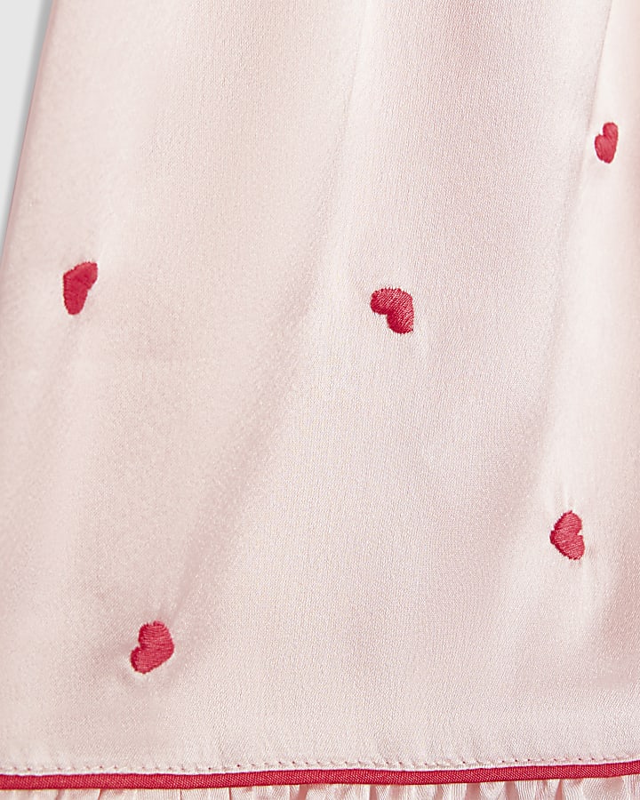Girls Pink Heart Embroidered Satin Pyjamas