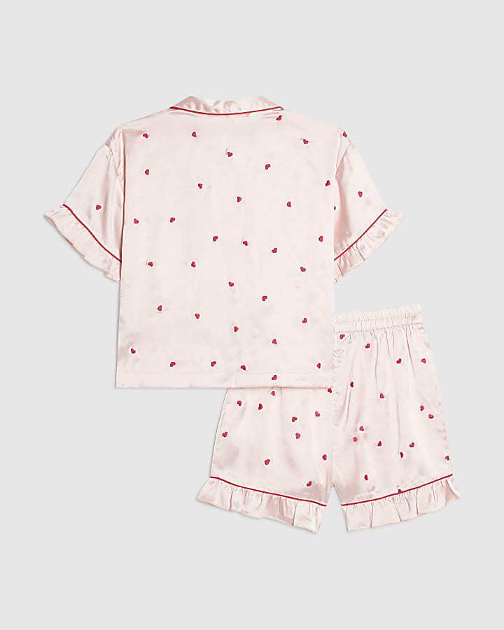 Girls Pink Heart Embroidered Satin Pyjamas