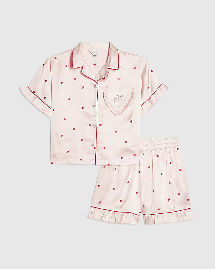 Girls Pink Heart Embroidered Satin Pyjamas