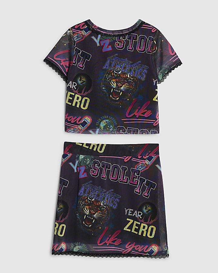 Girls Year Zero Pink Mesh Print Skirt Set