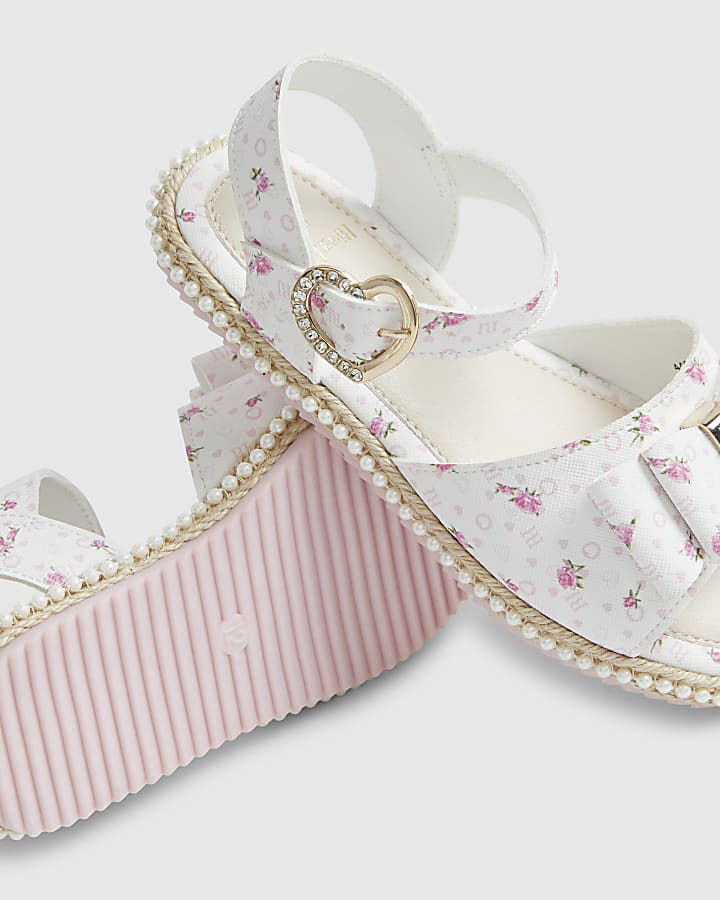Girls White Ditsy Rose Bow Sandals