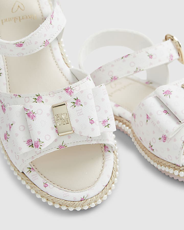 Girls White Ditsy Rose Bow Sandals