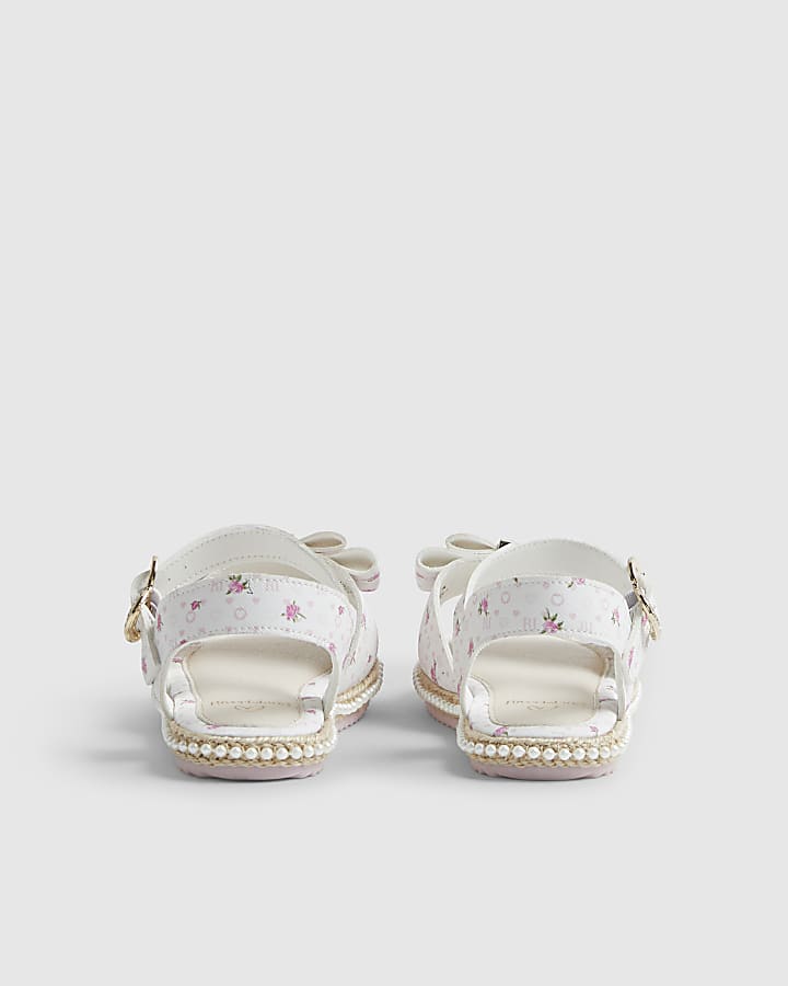 Girls White Ditsy Rose Bow Sandals